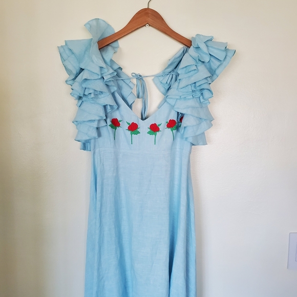 🌹FANM MON🌹Light Lagoon Demre Linen Embroidered Maxi Dress Ruffle Sleeve - Picture 4 of 10